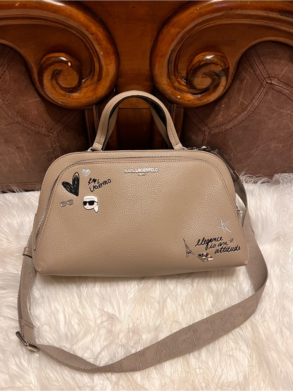 Karl Lagerfeld taupe satchel with playful decals - Picture 14 of 15